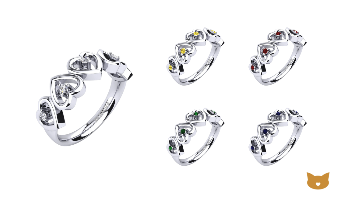 Anillo en oro blanco con cinco corazones con centros de diamantes